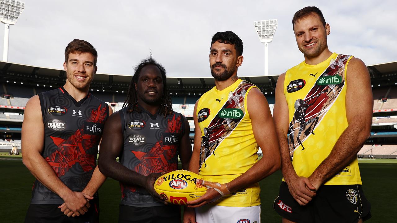 Essendon and Richmond players ahead of the 2023 Dreamtime at the ‘G. Pic: Michael Klein