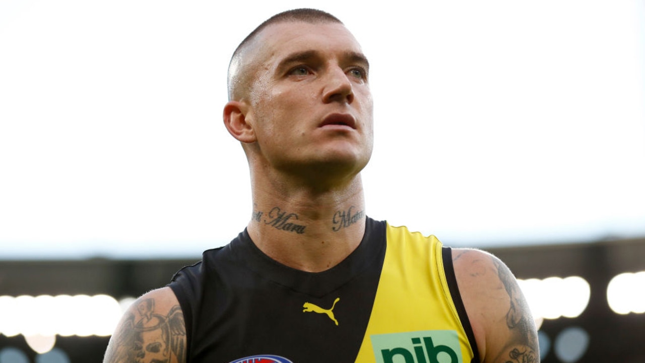 MELBOURNE, AUSTRALIA - MAY 14: Dustin Martin of the Tigers looks on after the round nine AFL match between the Hawthorn Hawks and the Richmond Tigers at Melbourne Cricket Ground on May 14, 2022 in Melbourne, Australia. (Photo by Darrian Traynor/AFL Photos/via Getty Images )