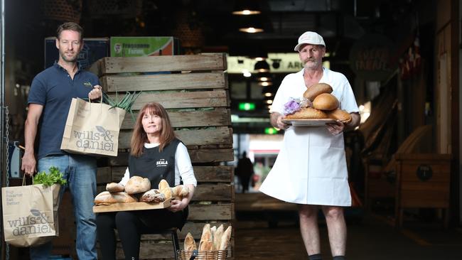 Skala has set up a new pop up delivery site in a bid to keep jobs and help shoppers avoid crowds. Dan Semmler of Wills &amp; Daniel, has also started home deliveries. He is pictured with Sally Hansen and Roland Pauls of Skala at the Adelaide Central Market. Picture: Tait Schmaal.