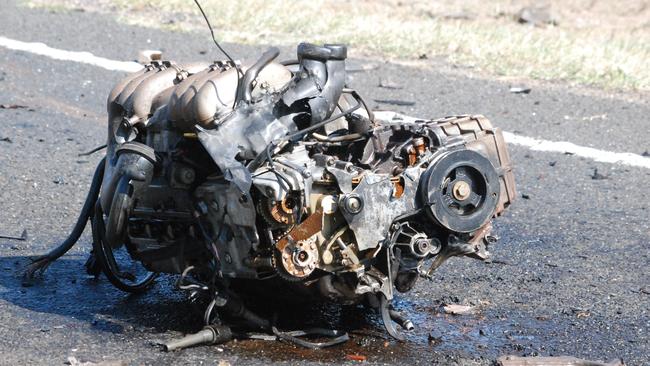 The engine block of a car from a fatal collision. Photo Alasdair Young.