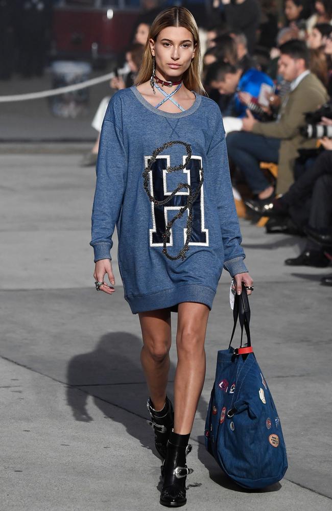 Say my name ... ‘H’ for Hailey Baldwin in Tommy Hilfiger. Picture: Getty Images