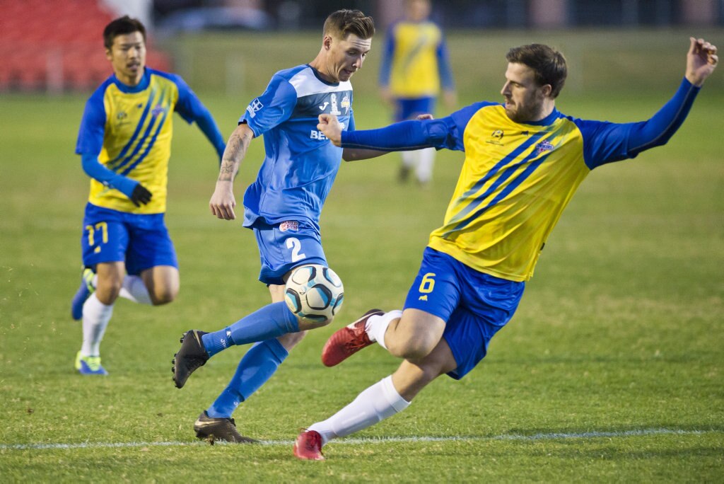 Nicholas Edwards for South West Queensland Thunder against Brisbane Strikers in NPL Queensland men round 17 football at Clive Berghofer Stadium, Saturday, June 16, 2018. Picture: Kevin Farmer