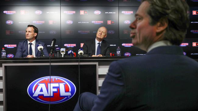 Gillon McLachlan watches on during the Andrew Dillon announcement press conference. Picture: Michael Klein