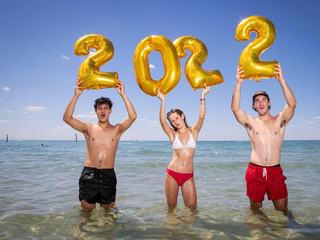 Ben Martinez (black shorts), 20, Kalsie Timms, 17, and Dallin Stewart, 19 get ready to welcome 2022 at Rye. Picture: Mark Stewart