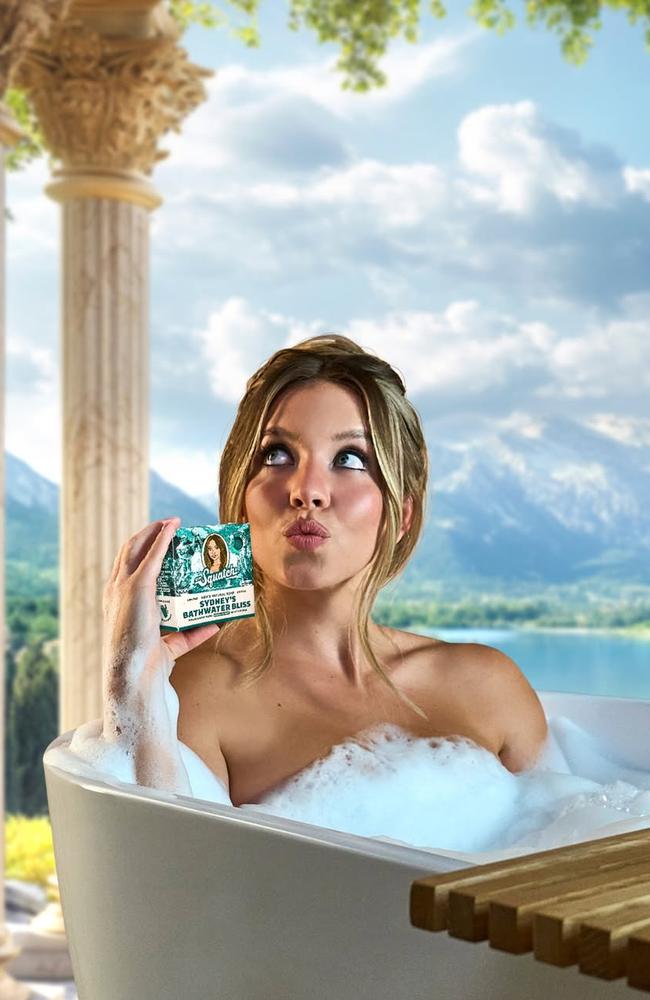 Sydney Sweeney poses in a bath tub for Dr. Squatch, teasing her Bathwater Bliss soap bar. Picture: Instagram