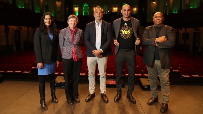 Shireen Morris, Anne Twomey, Stan Grant, Thomas Mayo and Shane Phillips at the Sydney Town Hall for the Voice-City Forum on Wednesday. Picture: John Feder