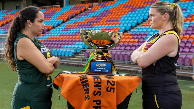 Nikita Long of St Mary's and Hannah Turnbull of the Nightcliff Tigers ahead of the 2024-25 NTFL grand final. Picture: Pema Tamang Pakhrin