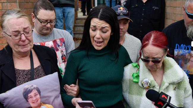 Hillcrest Primary School jumping castle tragedy verdict. Mother of victim Zane Mellor, Georgie Burt, addresses the media alongside family outside the Devonport Magistrates Court. Picture: Brodie Weeding