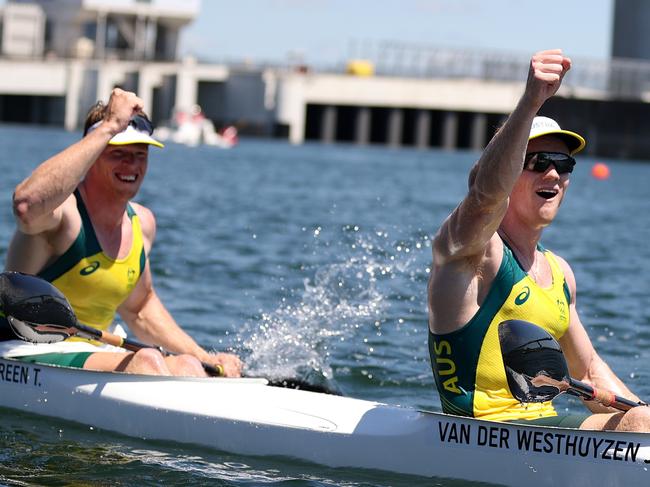 TOKYO, JAPAN - AUGUST 05: Jean van der Westhuyzen and Thomas Green of Team Australia celebrate winning the gold medal following the Men's Kayak Double 1000m Final A on day thirteen of the Tokyo 2020 Olympic Games at Sea Forest Waterway on August 05, 2021 in Tokyo, Japan. (Photo by Naomi Baker/Getty Images)