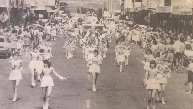 Baton twirlers leading the Harvest Festival down Main Street, Proserpine , November 1985. Picture: Supplied