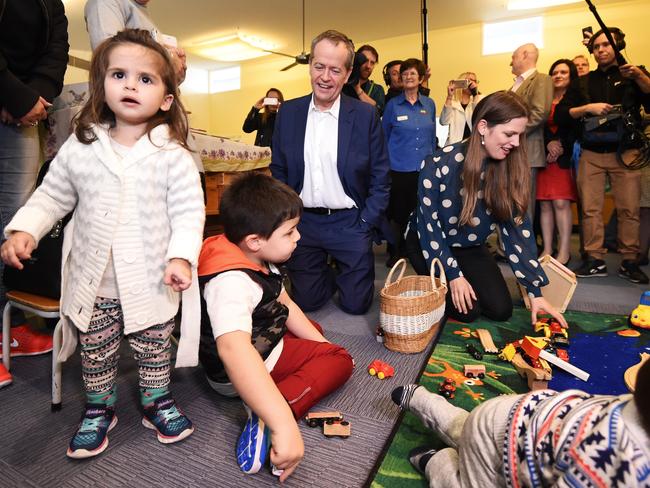 Opposition Leader Bill Shorten visits a childcare centre in Melbourne with his education and early childhood spokeswoman Kate Ellis today. Pic: AAP/Mick Tsikas