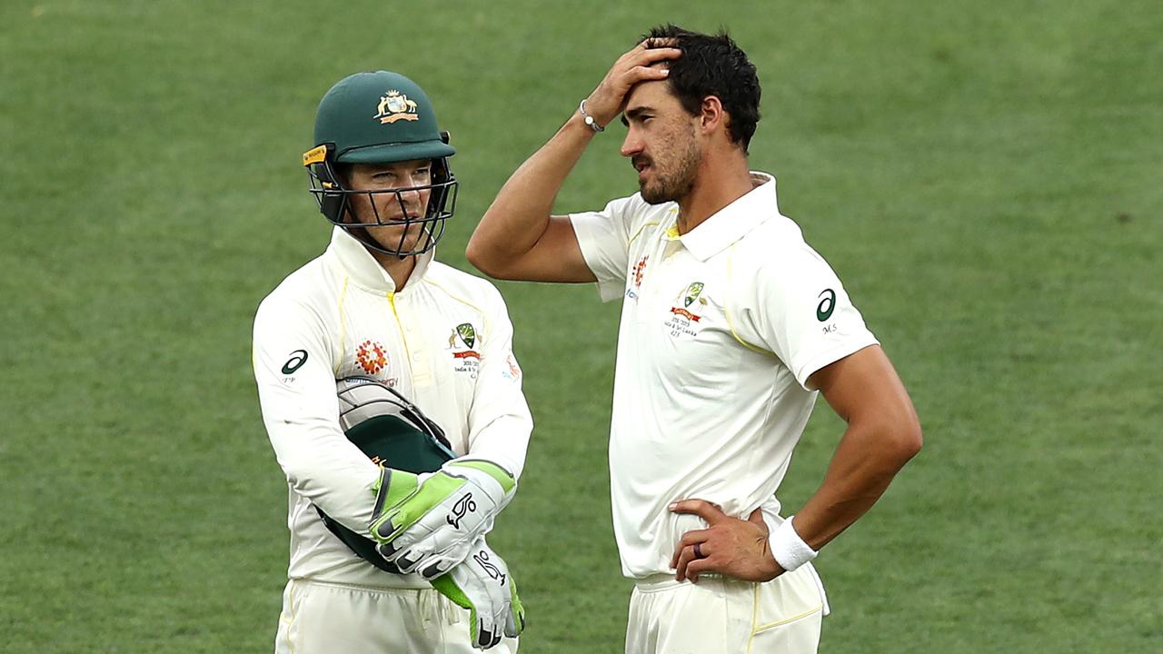 Tim Paine and Mitchell Starc look on during the first Test. Photo: Ryan Pierse/Getty Images.