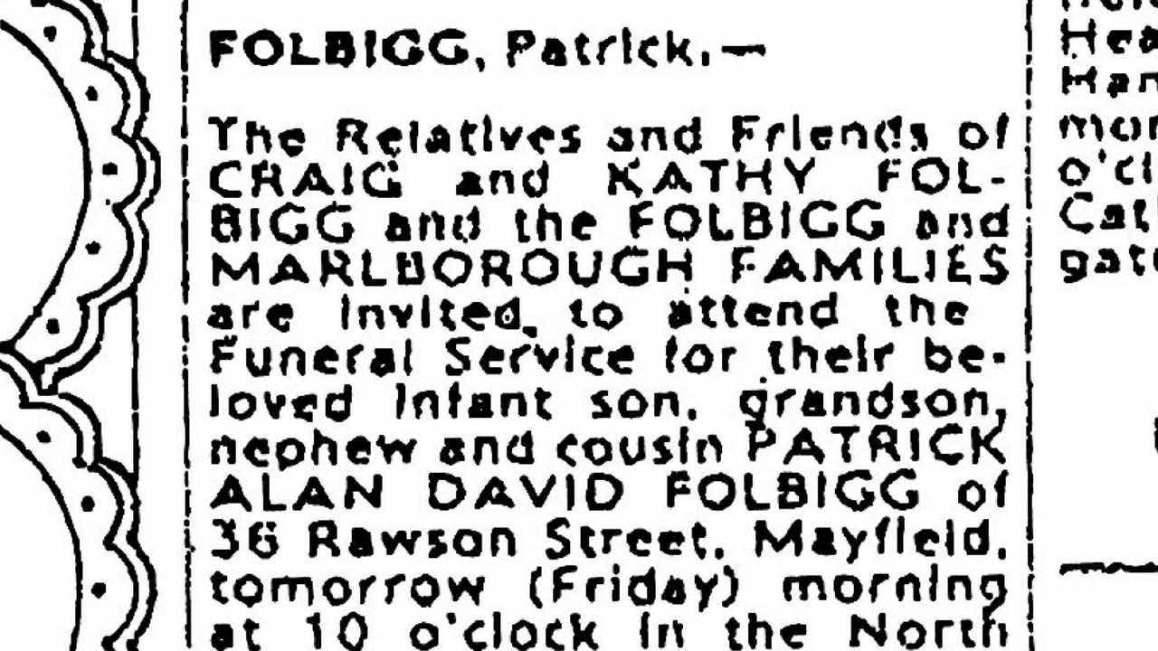 Newspaper death notice of baby Patrick, who died at eight months old.