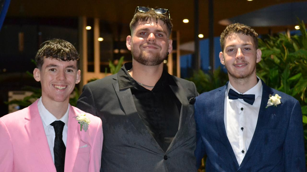 Travis Taylor, Hayden Gray and Landon Whitmore at Lowood State High School formal in Ipswich Civic Centre on Wednesday, November 13, 2024. Picture: Amber Blums