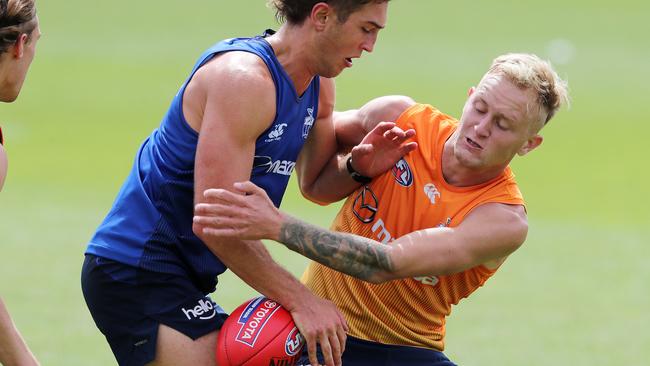 North Melbourne players aren’t holding back in pre-season training. Picture: Michael Klein