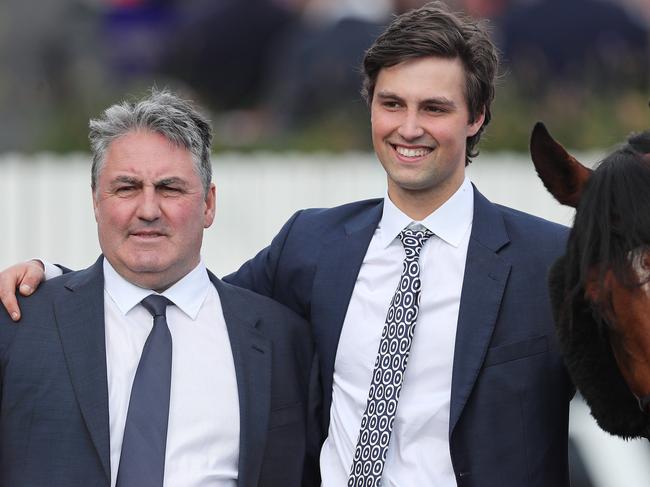 Racing. Caulfield Guineas Day at Caulfield Racecourse, Melbourne. Race 8. The Caulfield Guineas over 1600 meters.    Anthony Freedman and his son Sam with Super Seth after winning the Caulfield Guineas    .Picture: Michael Klein.