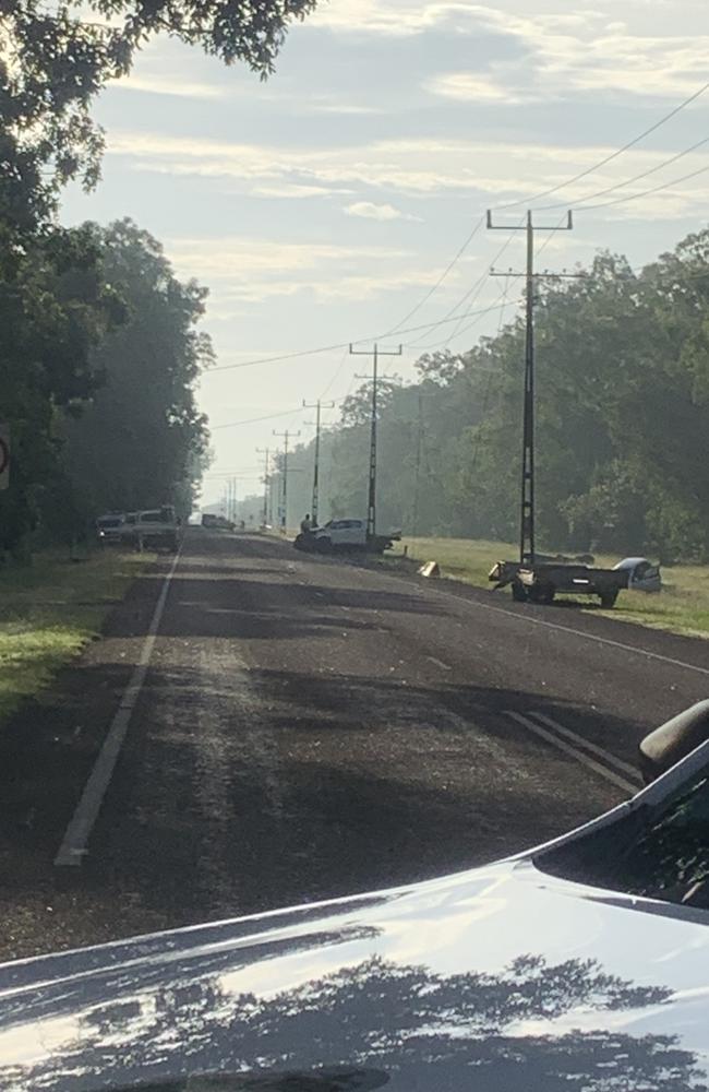 Emergency services at the scene of a three-car crash on Girraween Rd at Howard Springs about 6.30am on April 12, 2023. Picture: Sierra Haigh