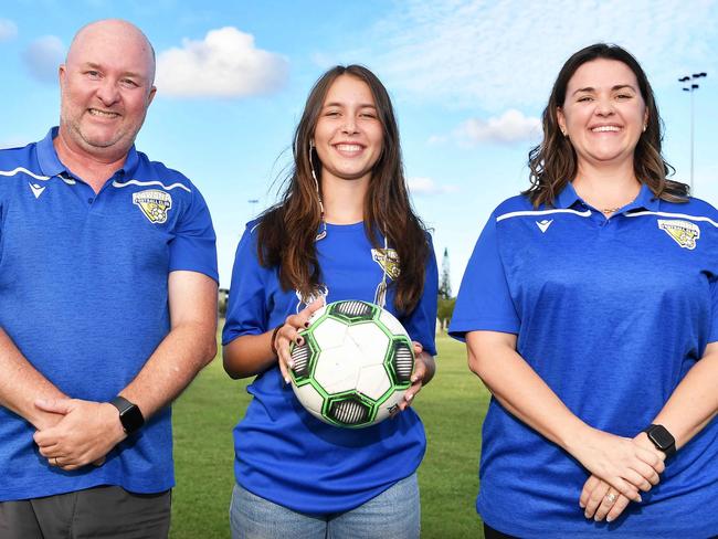 Kawana FC have announced their return to the FQPL3 women's competition. Pictured, Adam Shelly, India Fredericks and Frances Cayley. Photo: Patrick Woods.