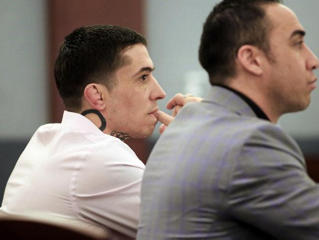 Former mixed martial arts fighter War Machine, also known as Jonathan Koppenhaver, left, listens to testimony during his sexual assault and attempted murder trial. Picture: AP