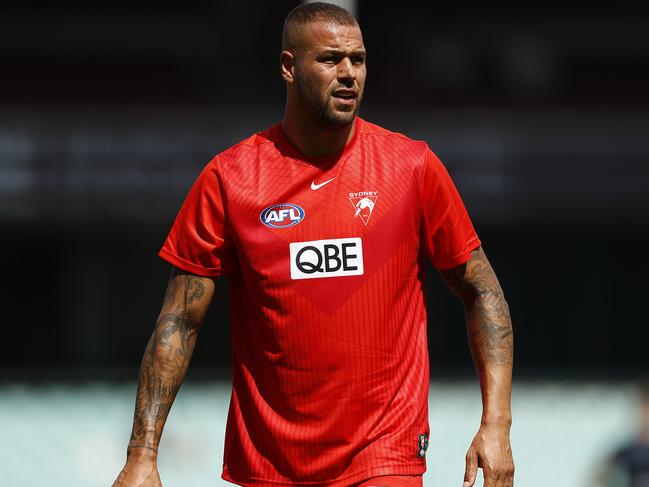 SYDNEY, AUSTRALIA - MARCH 27: Lance Franklin of the Swans warms up before the round 2 AFL match between the Sydney Swans and the Adelaide Crows at Sydney Cricket Ground on March 27, 2021 in Sydney, Australia. (Photo by Ryan Pierse/AFL Photos/via Getty Images)