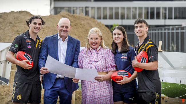 (L to R) - Ben Camporeale (Glenelg), Darren Chandler (SANFL CEO), Katrine Hildyard (Minister for Sport, Recreation &amp; Racing), Esther Schirmer (South Adelaide), Lucas Camporeale (Glenelg). Picture: SANFL/Roy Vandervegt