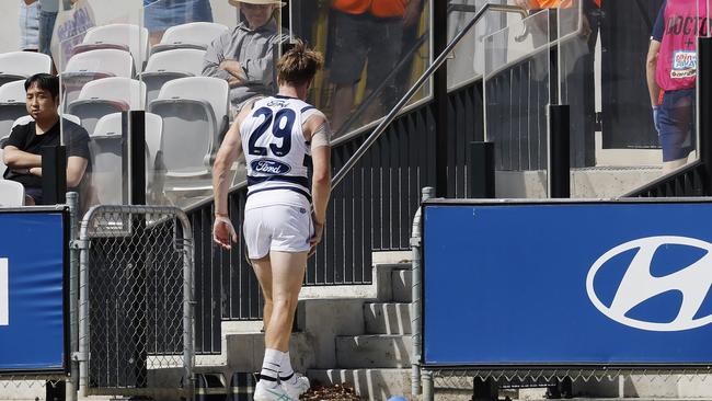 Cameron Guthrie limps from the ground at Ikon Park. Picture: Michael Klein