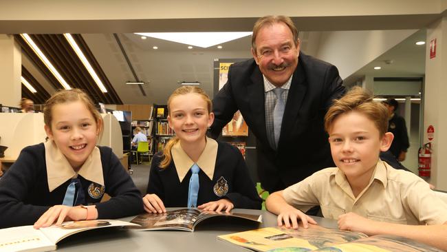 All Saints school principal Patrick Wallas and students Zeba-Allen Ashton (yr3) Emma Taylor (yr 7) Roman Bilios (yr5) are happy about the NAPLAN results.  Picture Glenn Hampson