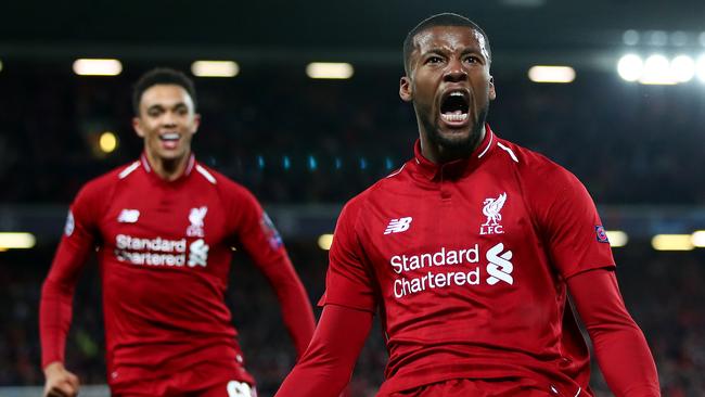 Georginio Wijnaldum celebrates one of his two goals during Liverpool’s epic Champions League semi-final win. Picture: Clive Brunskill/Getty Images). 