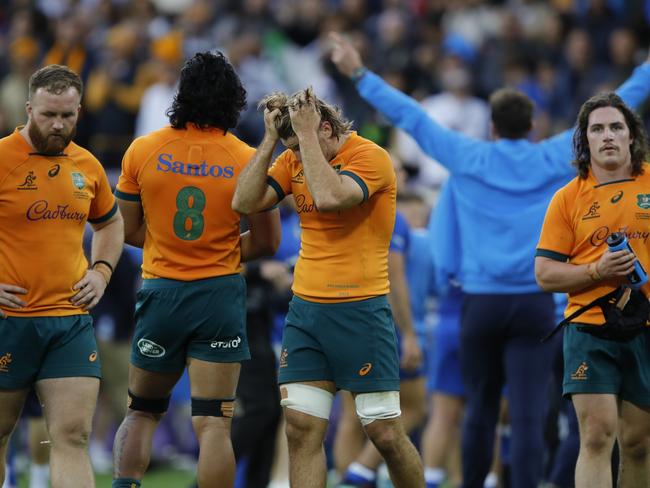 FLORENCE, ITALY - NOVEMBER 12: Tate McDermott of Australia holds his head in his hands at the end of the Autumn International match between Italy and Australia at Stadio Artemio Franchi on November 12, 2022 in Florence, Italy. (Photo by Timothy Rogers/Getty Images)