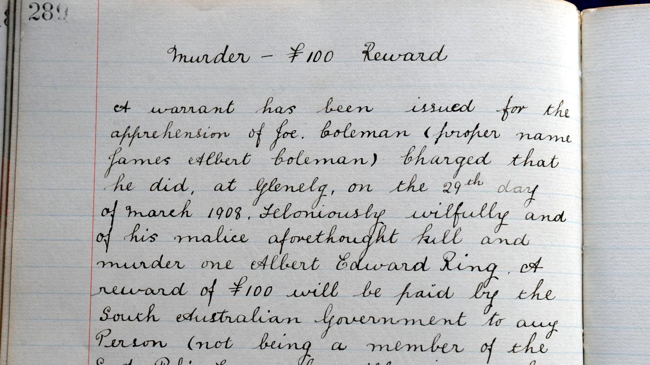 Notice of reward of 100 pounds for the arrest of James Albert Coleman, who was sought for the 1908 murder of off duty policeman Albert Ring. He was later arrested and hanged.