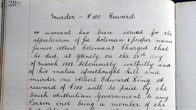 Notice of reward of 100 pounds for the arrest of James Albert Coleman, who was sought for the 1908 murder of off duty policeman Albert Ring. He was later arrested and hanged.