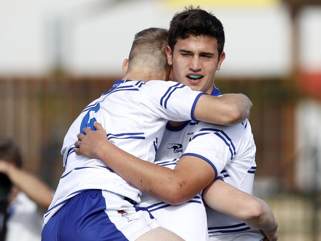 CCC celebrating their first try during the NSW U18 Combined Catholic Colleges v Combined Independent Schools game of the State Rugby League Tri-Series held at St Mary's Leagues Stadium. Picture: Jonathan Ng