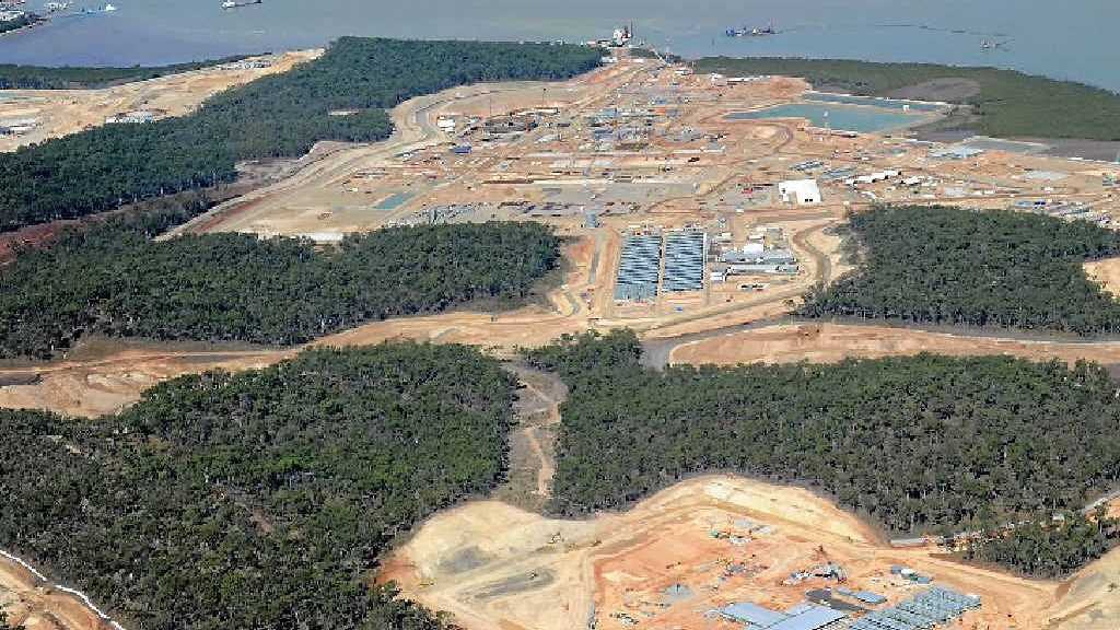 An aerial view of Curtis Island LNG sites being built. Bob Lamont says in about six months the 10,500-odd people employed on these projects will shrink to perhaps 1500 with the end of the construction phase. Picture: Brenda Strong