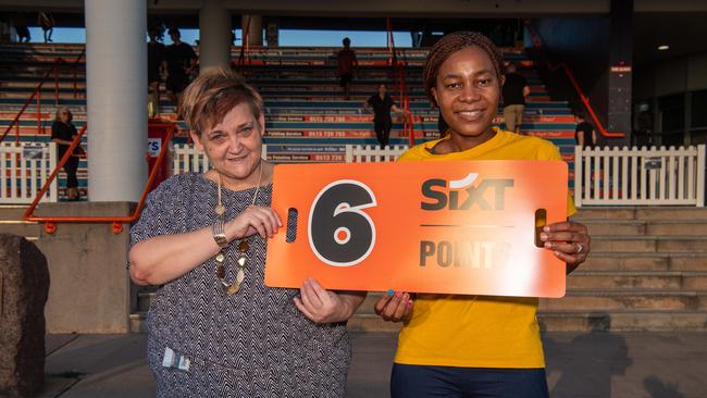 Wendy Lamble and Emily Julius at the 2024 AFL match between Gold Coast Suns and North Melbourne at TIO Stadium. Picture: Pema Tamang Pakhrin