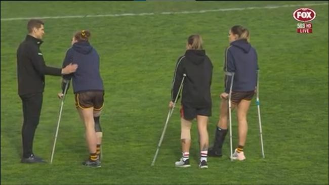 Tam Luke, Lou Stephenson and Jayde van Dyk all finished the match on crutches. Picture Fox Footy