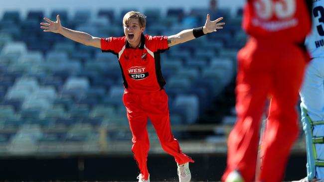 Adam Zampa of South Australia appeals during the JLT One-Day Cup win against NSW at the WACA in Perth. Picture: AAP Image/Richard Wainwright