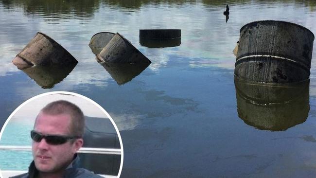 Jason Lee Atkins (inset) and the drums found floating in a tidal lagoon near Yeppoon.