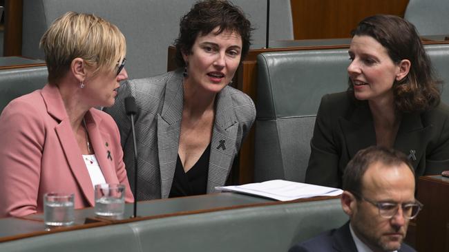 Teals Zoe Daniel, Kate Chaney and Allegra Spender in the House of Representatives at Parliament House in Canberra. Picture: NCA NewsWire / Martin Ollman