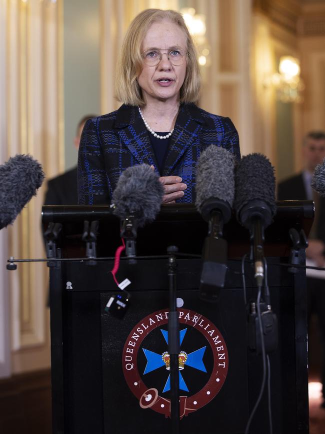 Chief Health Officer of Queensland Dr. Jeannette Young addresses media at the Red Chamber, Parliament House in Brisbane’s George Street. Picture: NCA NewsWire / Attila Csaszar