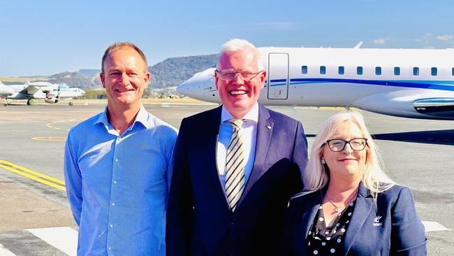 Shellharbour mayor Chris Homer, Kiama MP Gareth Ward and Shellharbour councillor Kellie Marsh at Shellharbour Airport on Monday. Picture: Supplied