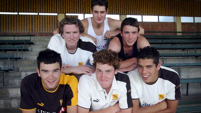 Hawthorn’s 2004 draft class (from left) Jordan Lewis, Tom Murphy, Simon Taylor, Jarryd Roughead, Tom Murphy and Lance Franklin.