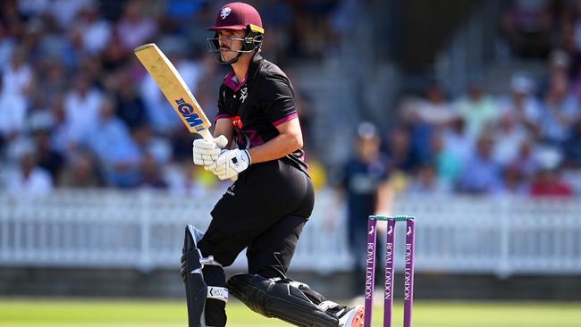 Ben Green of Somerset plays a shot during the Royal London One Day Cup match between Somerset and Middlesex at The Cooper Associates County Ground on August 14, 2022 in Taunton. (Photo by Harry Trump/Getty Images)