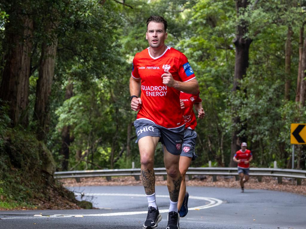 Clint Gutherson impressed on his first day in Dragons training, finishing first in a gruelling 30-minute road run. Picture: Dragons