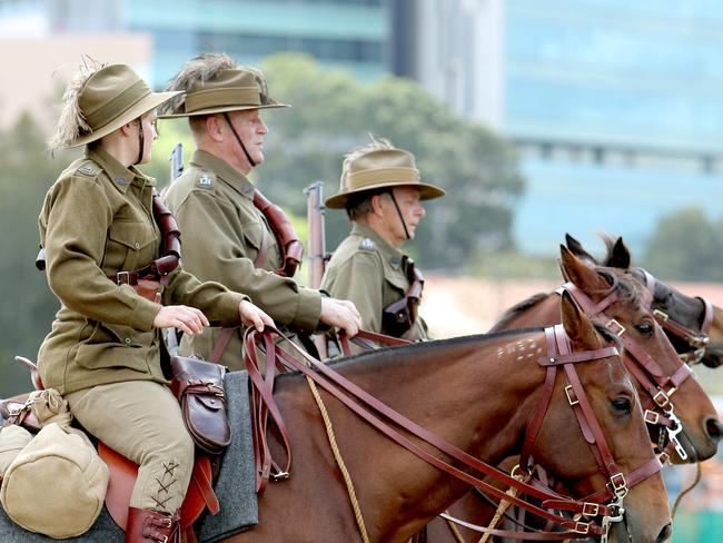 Light Horse Troopers, Debbie Cook, Stewart Cook and Phil mostert from Gatton - Australian Light Horse commemorastive ride rehearsal at Victoria Park. Pic Mark Cranitch.