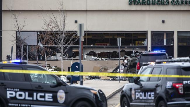 Shattered windows are shown at a King Soopers grocery store. Picture: AFP