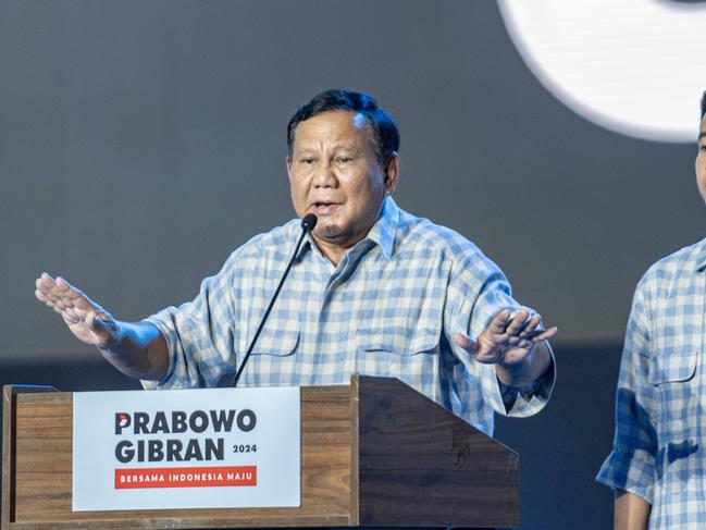 JAKARTA, INDONESIA - FEBRUARY 14: Indonesian presidential candidate Prabowo Subianto, the current Defence Minister, addresses supporters at an event on February 14, 2024 in Jakarta, Indonesia. Indonesia headed to the polls to vote in presidential elections on Feb. 14. (Photo by Oscar Siagian/Getty Images)