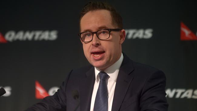 Qantas CEO Alan Joyce announces the airline’s annual results in Sydney yesterday.