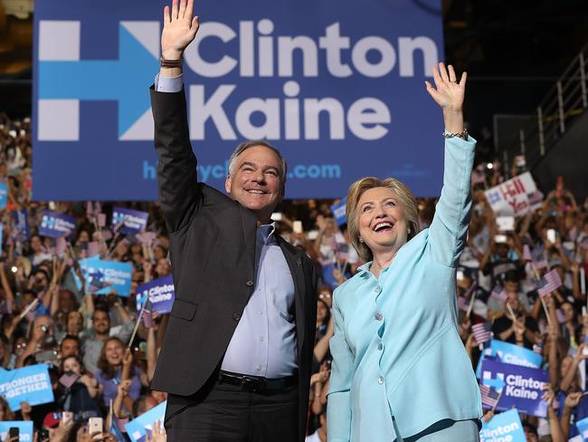 Democratic presidential candidate former Secretary of State Hillary Clinton and Democratic vice presidential candidate Tim Kaine. Picture: Getty