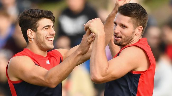 Jesse Hogan celebrates a goal with Christian Petracca. Picture: Getty Images.