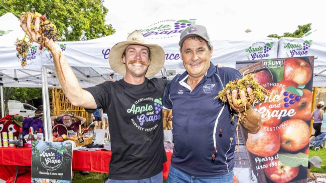 Stanthorpe Apple &amp; Grape Harvest Festival president Russell Wantling (right) with ambassador David McMahon. Picture: Richard Walker.